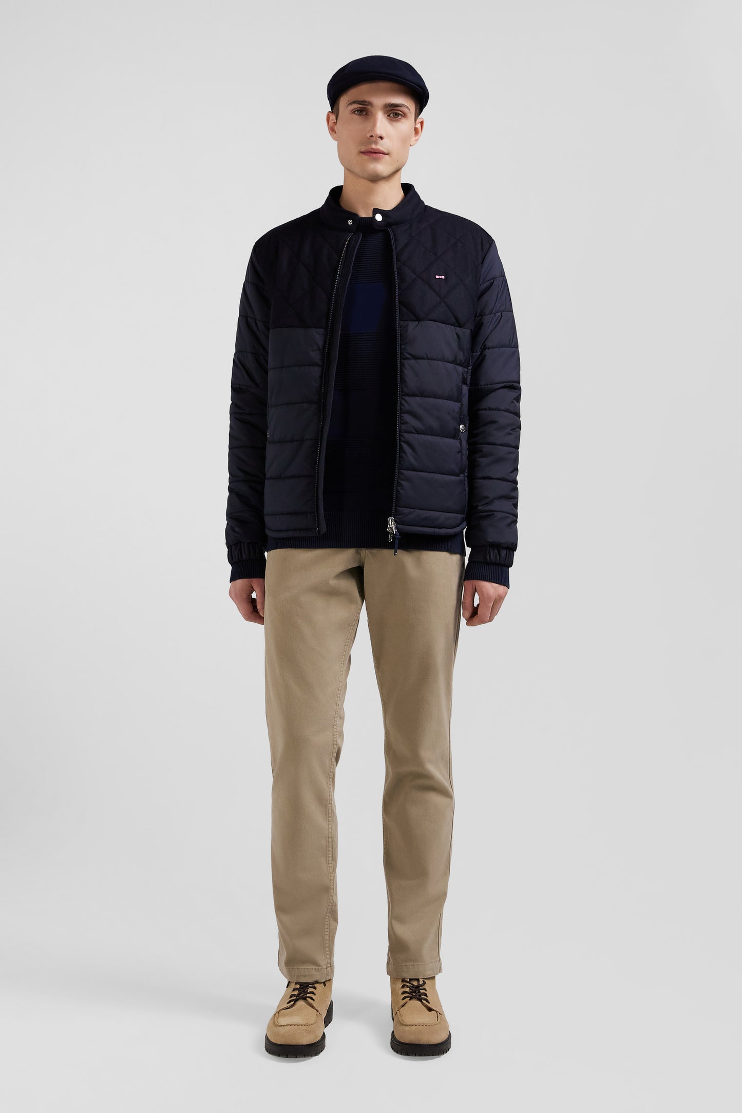 Navy blue long-sleeved double quilted high collar down jacket