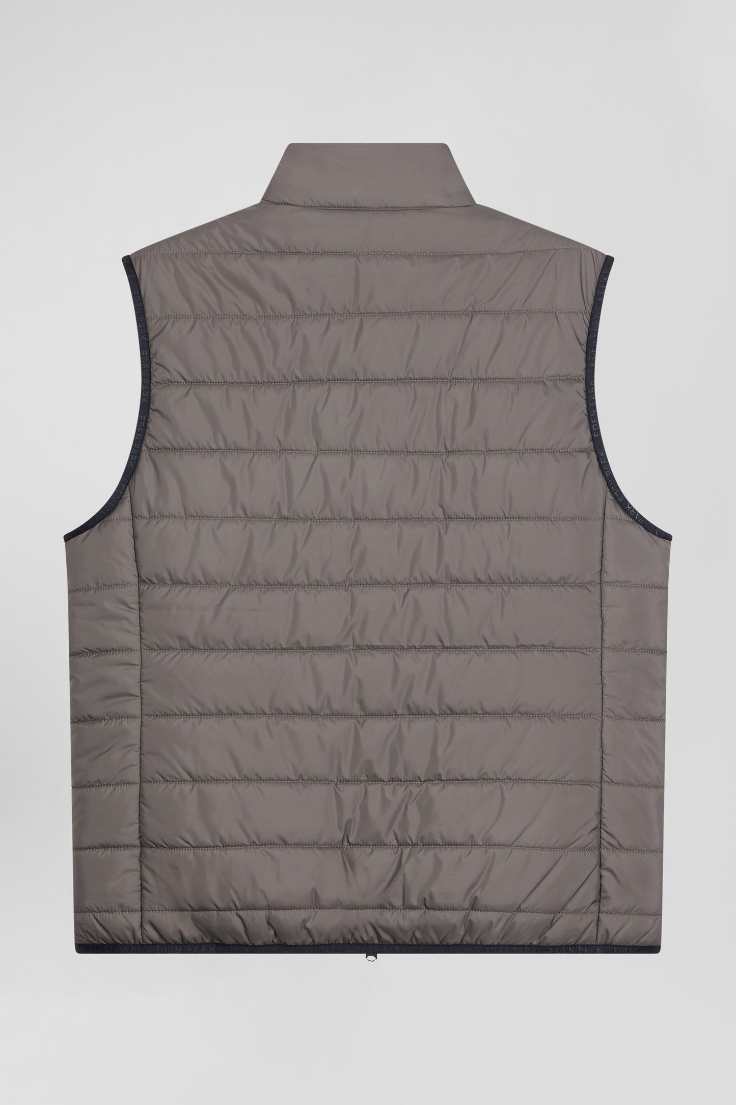 Grey quilted sleeveless high collar down vest