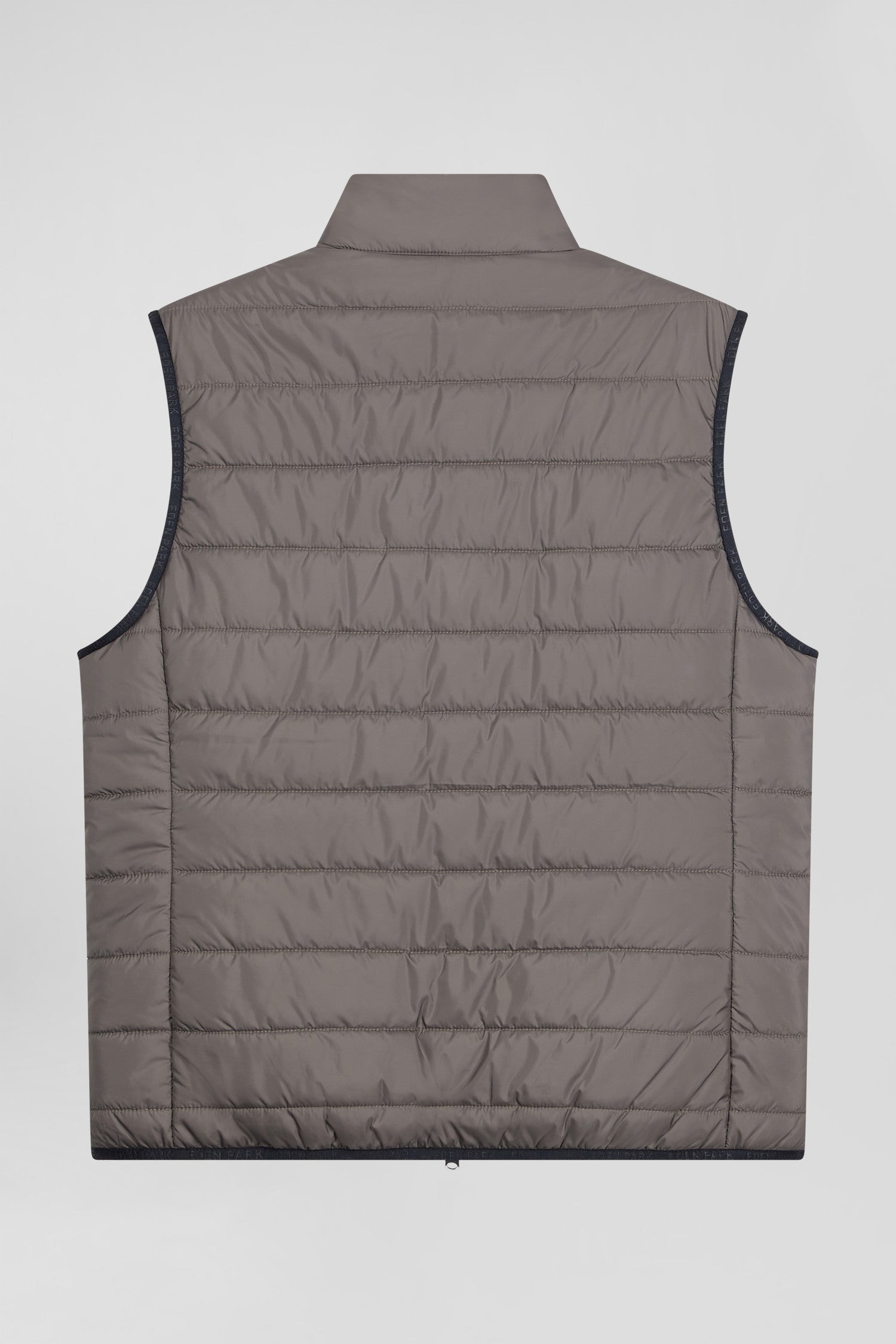 Grey quilted sleeveless high collar down vest