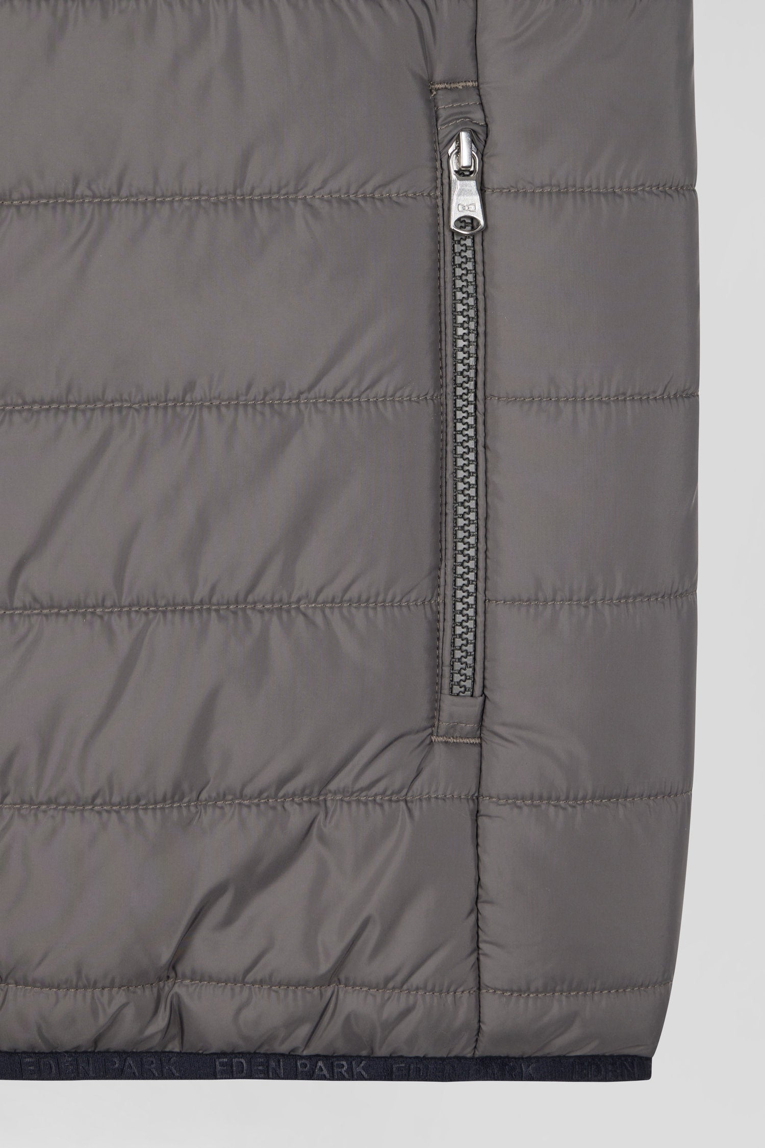 Grey quilted sleeveless high collar down vest