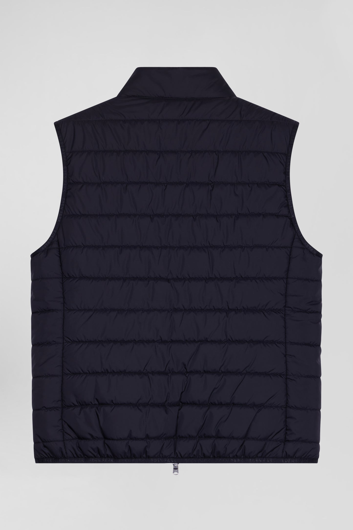 Black quilted sleeveless high collar down vest