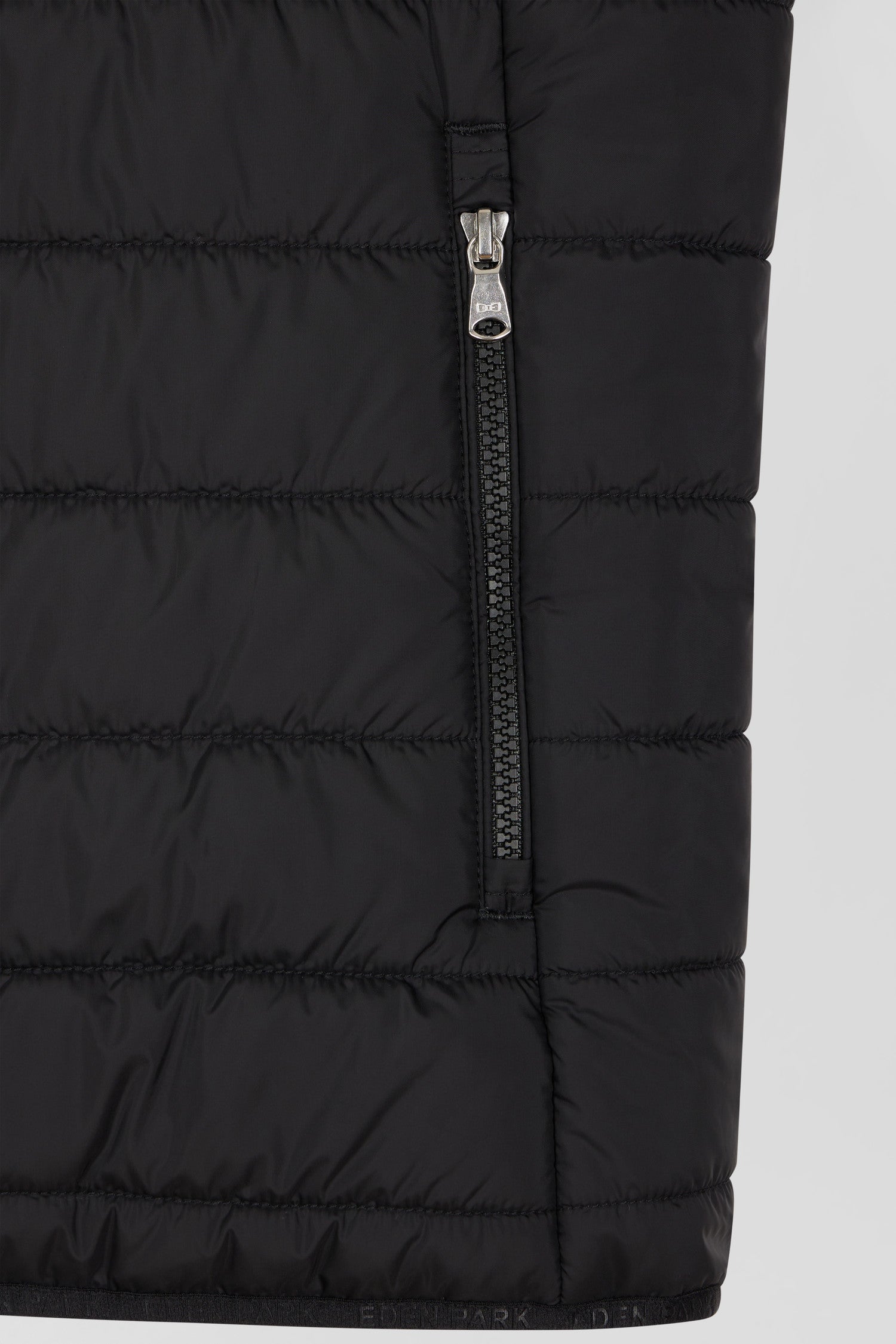 Black quilted sleeveless high collar down vest