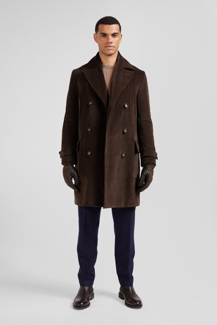 Brown double-breasted stretch cotton blend coat