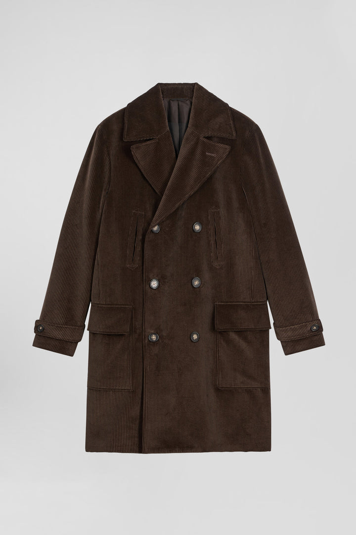 Brown double-breasted stretch cotton blend coat