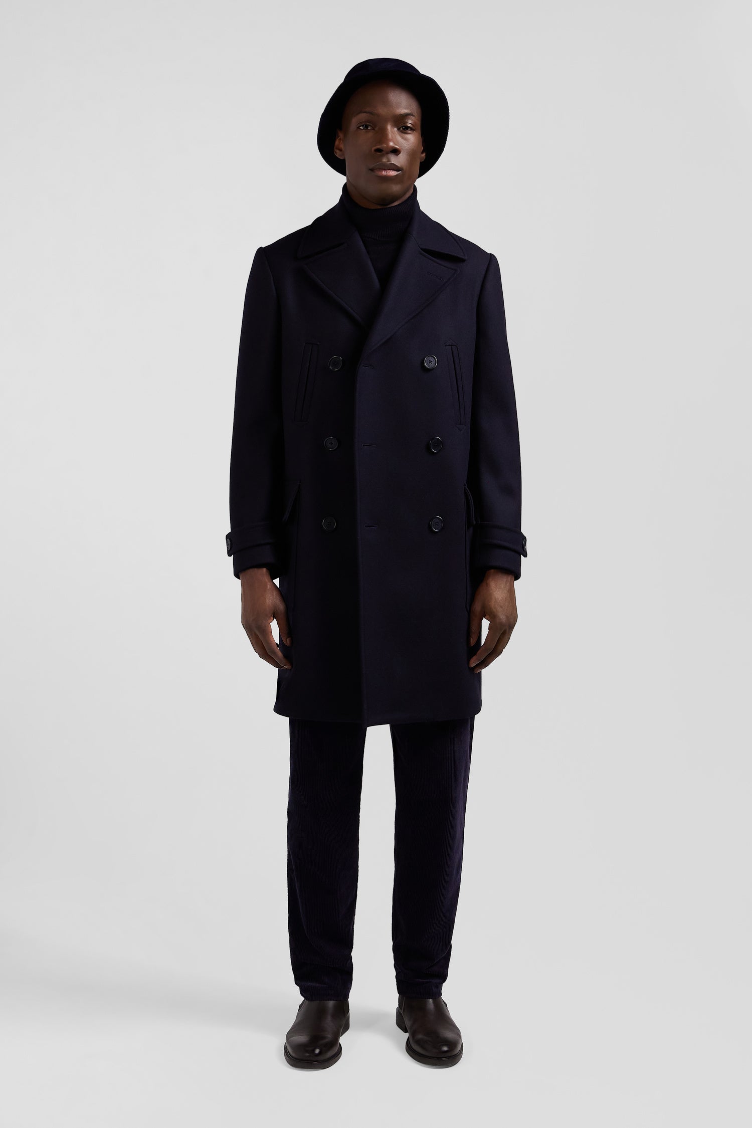 Navy blue double-breasted wool blend coat