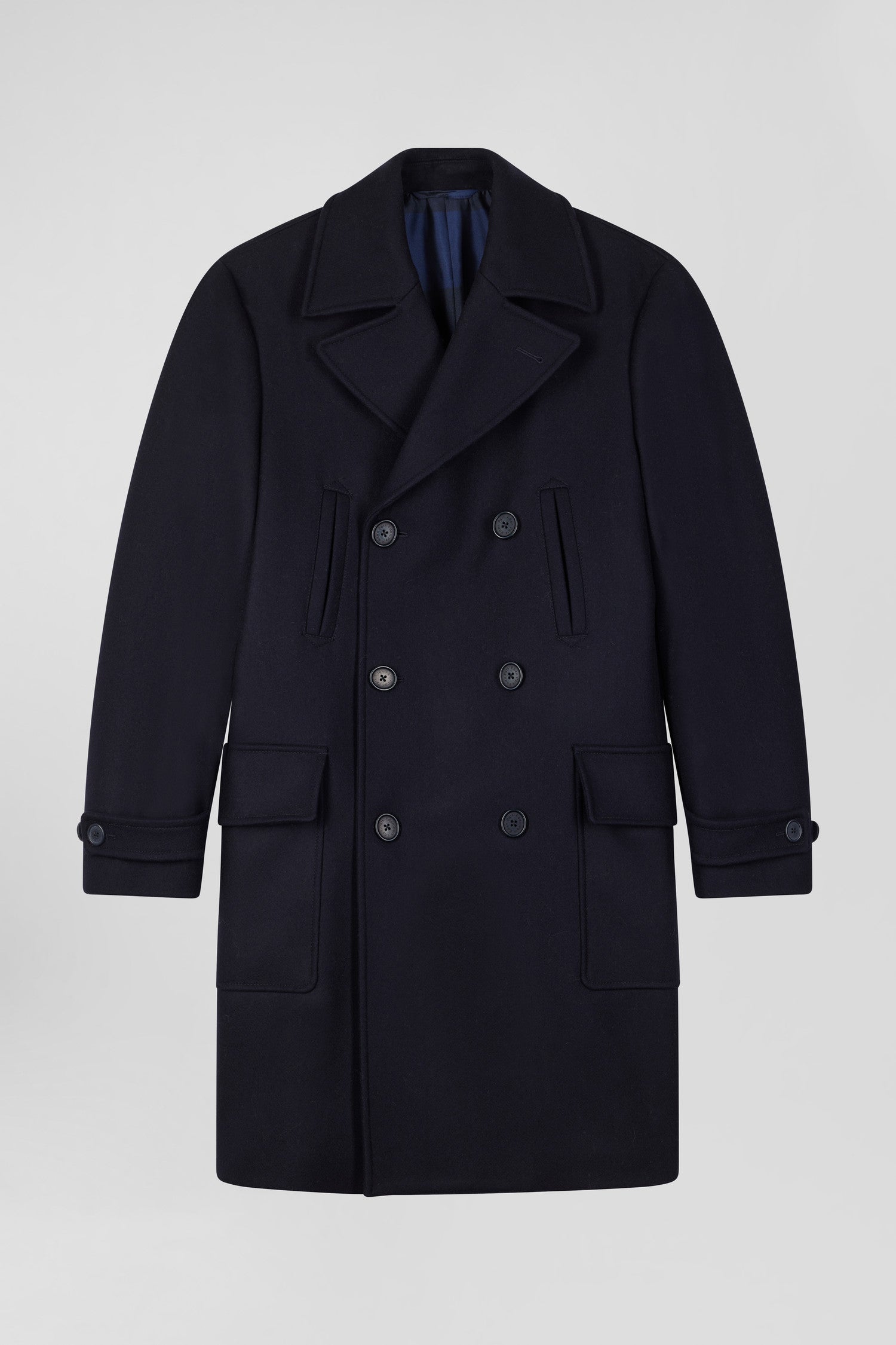 Navy blue double-breasted wool blend coat