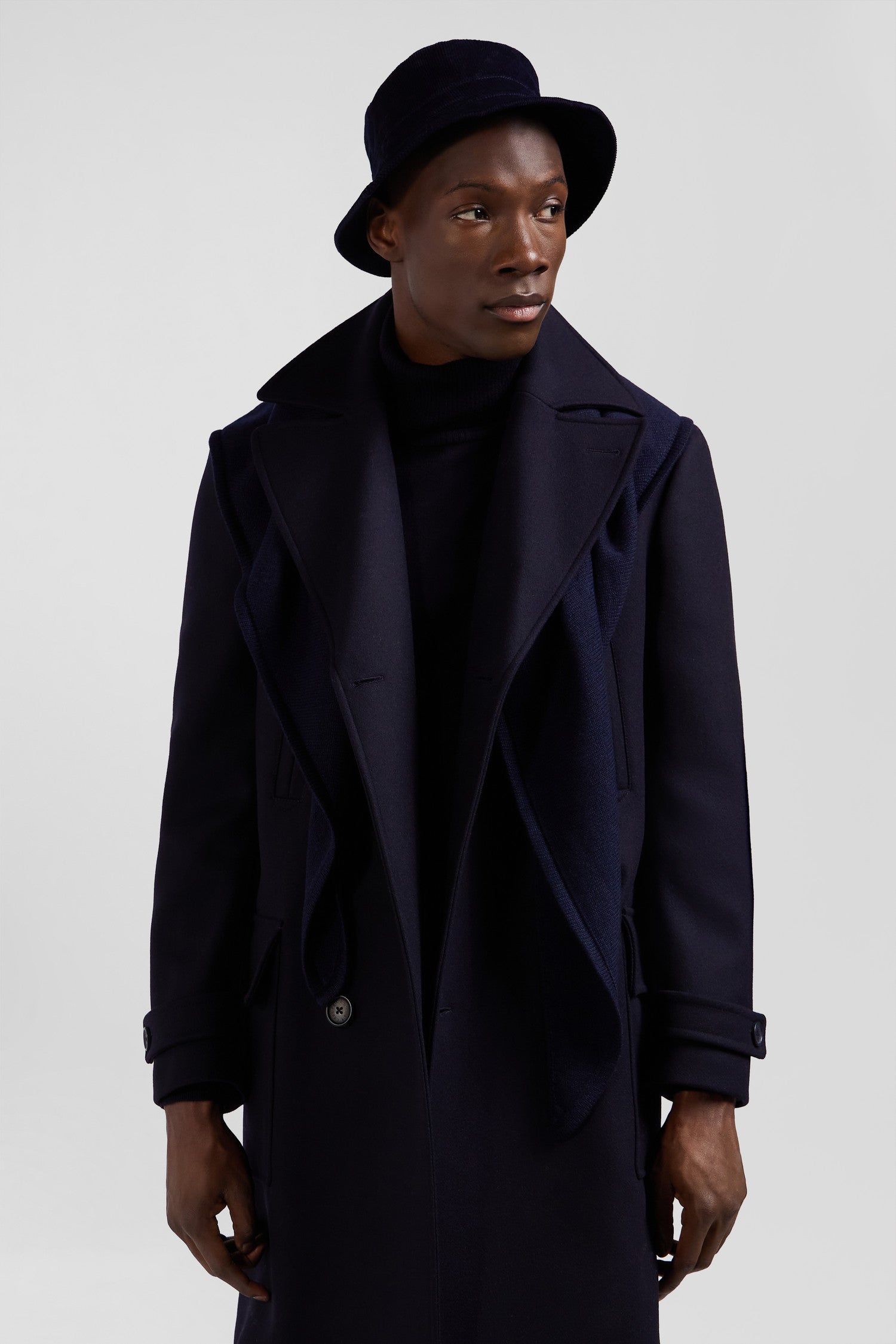 Navy blue double-breasted wool blend coat