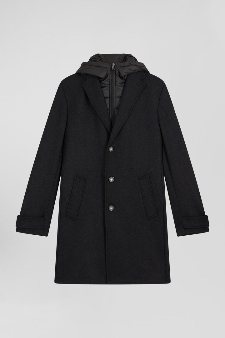 Black double-faced wool jersey coat with quilted front