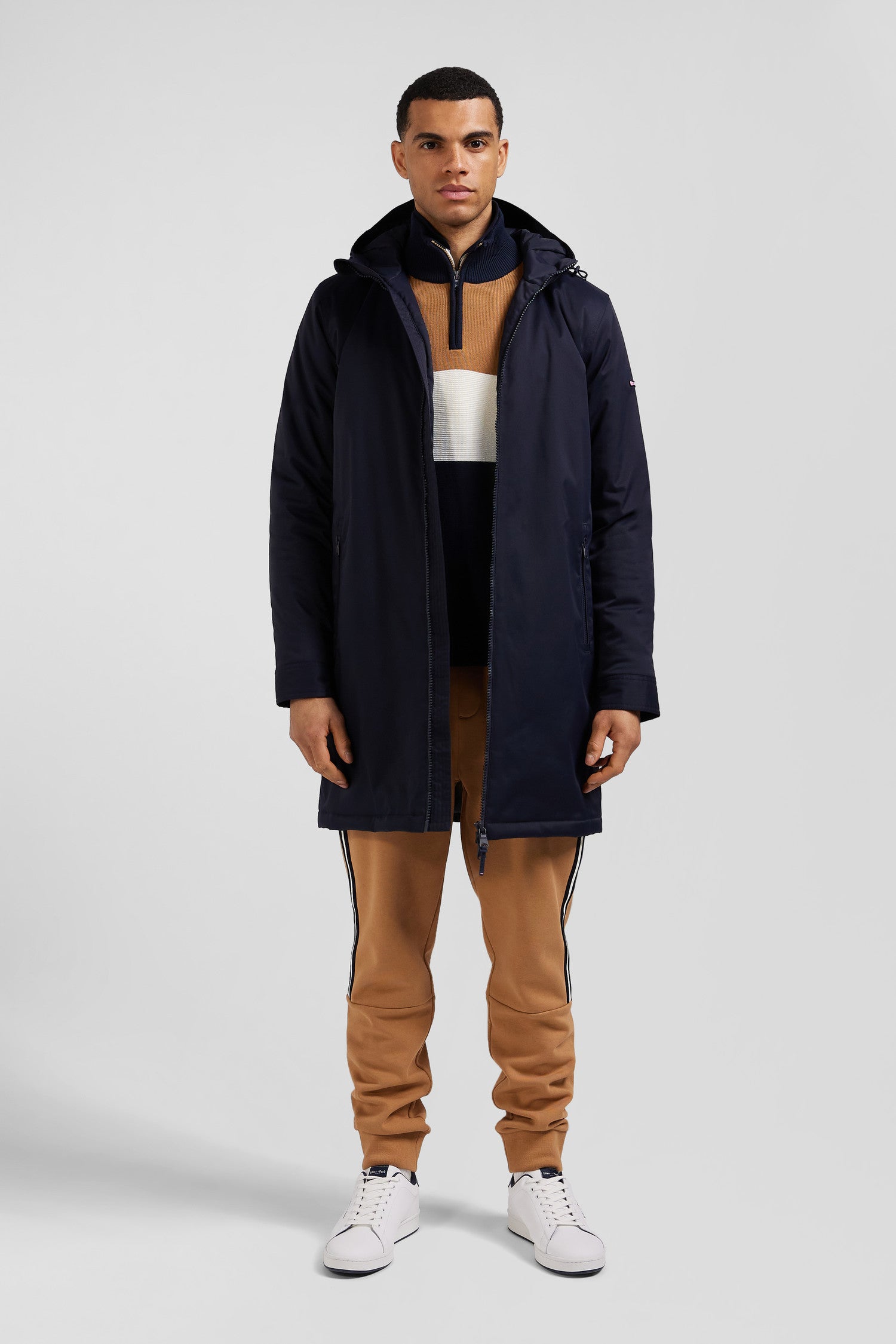 Navy blue long hooded nylon parka