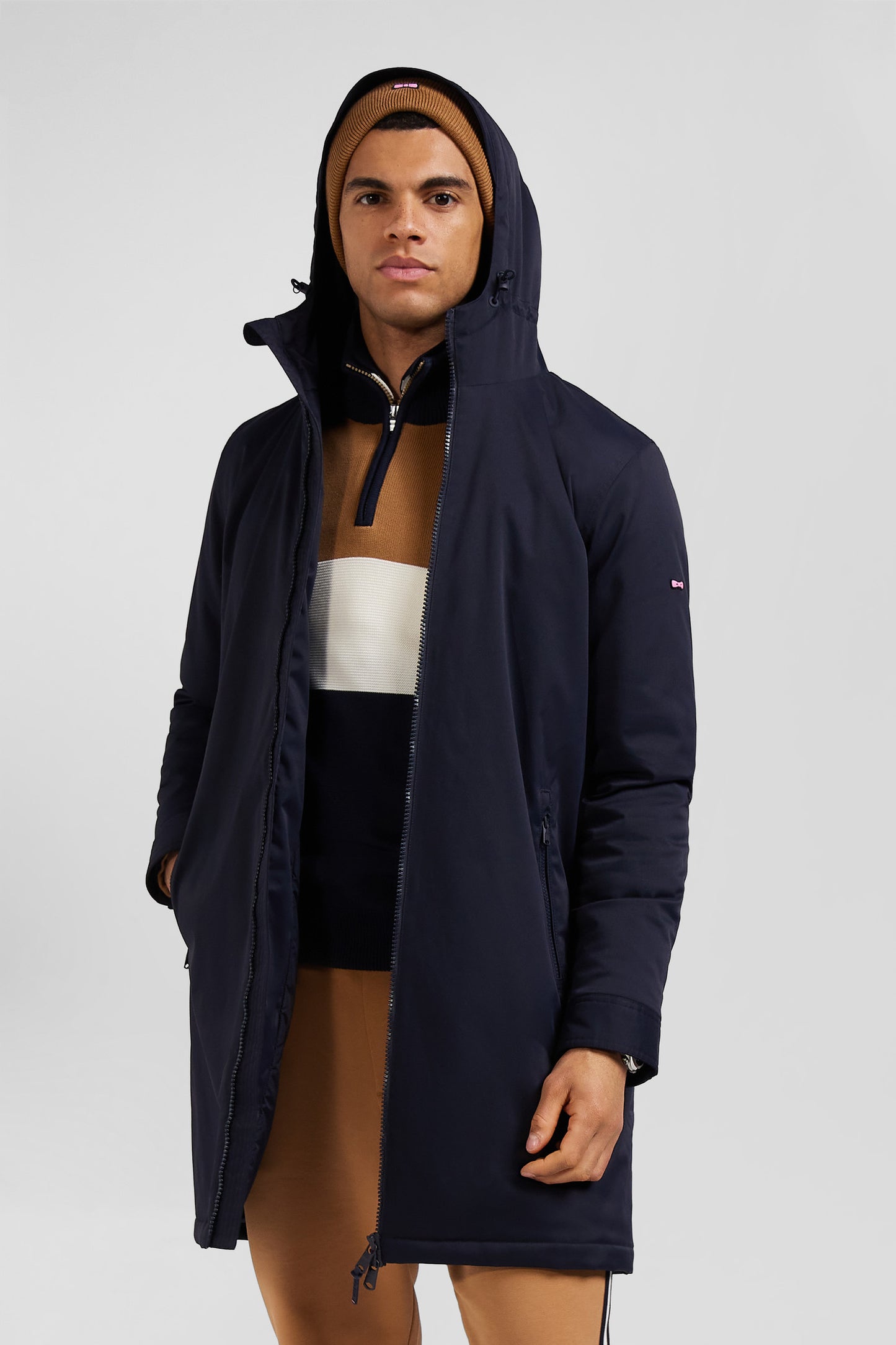 Navy blue long hooded nylon parka