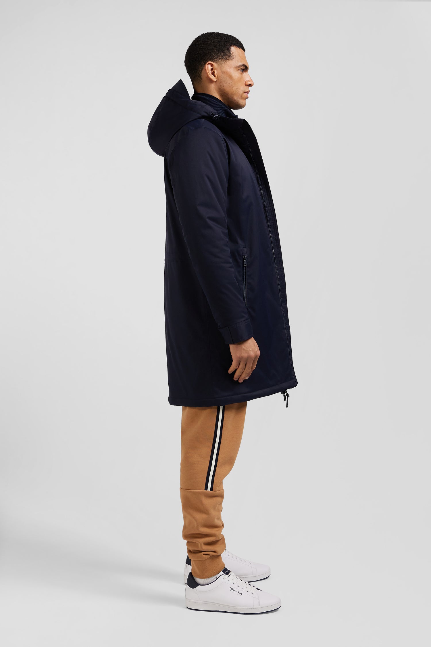 Navy blue long hooded nylon parka