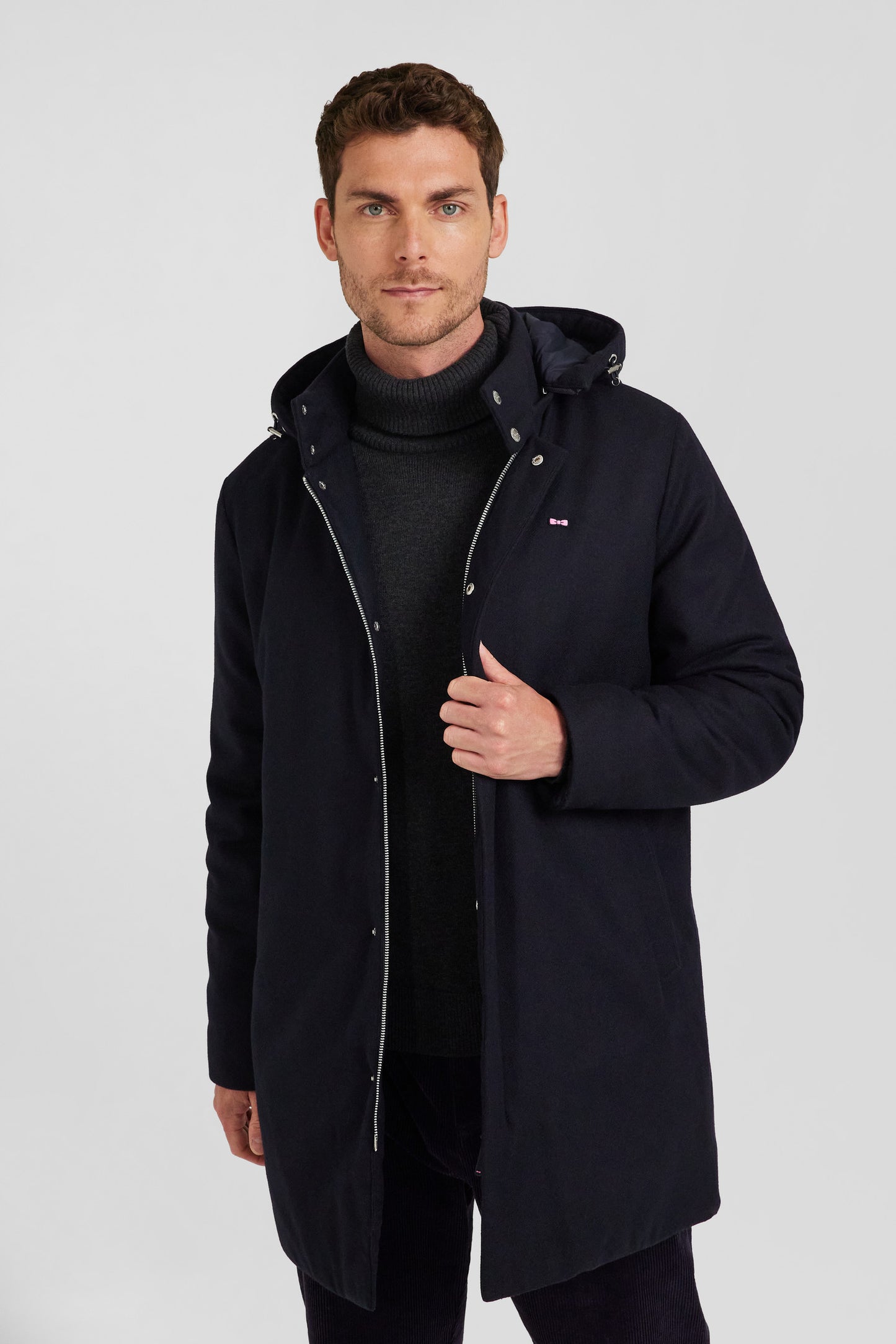 Navy blue short flannel wool parka