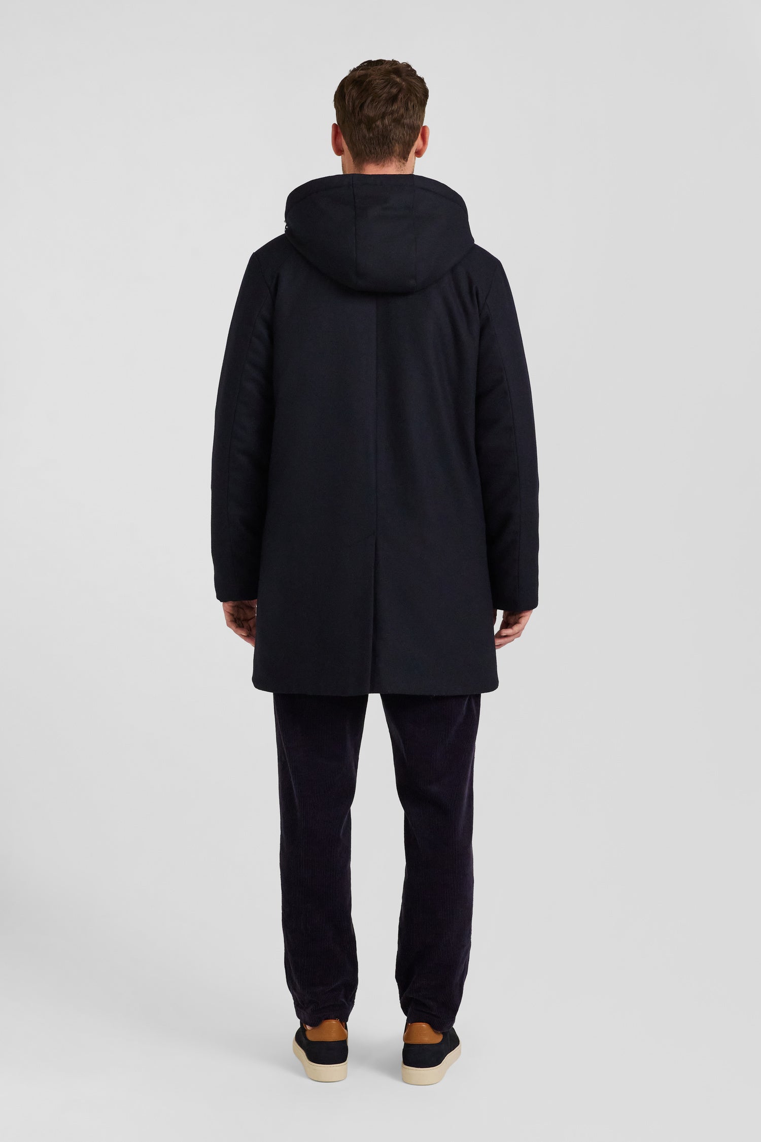 Navy blue short flannel wool parka