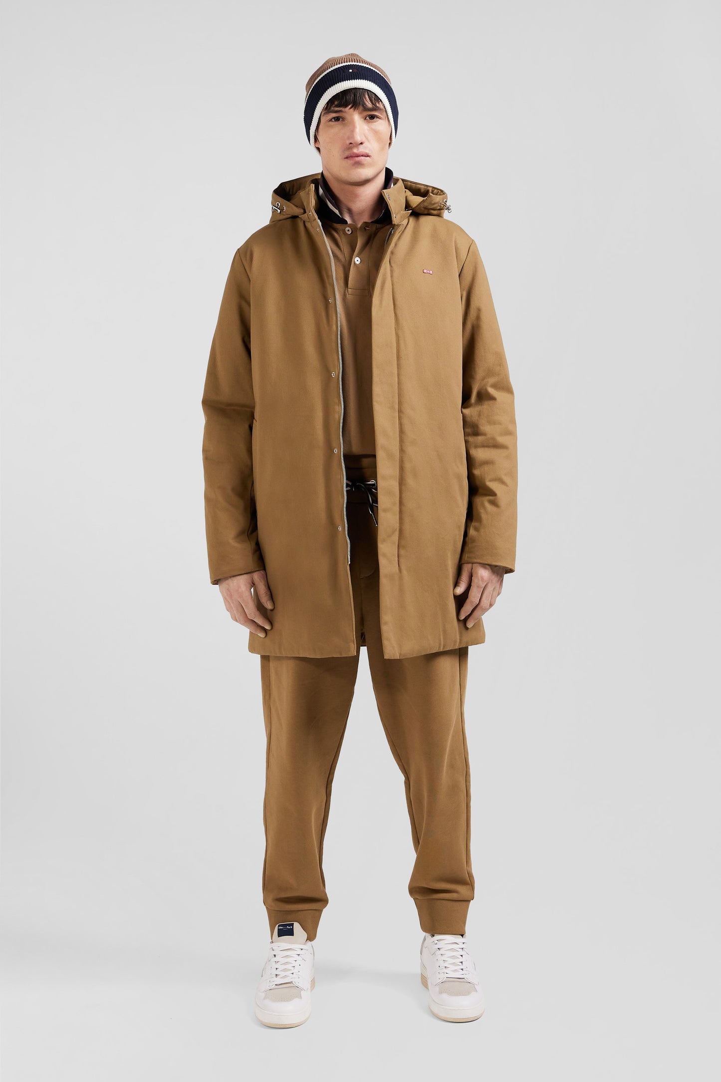 Camel gabardine cotton hooded parka