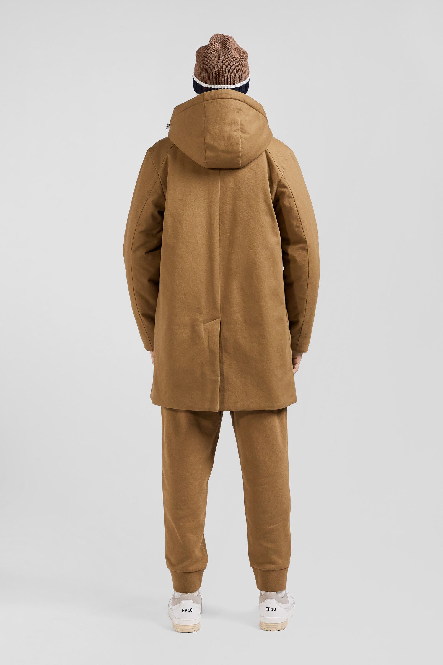 Camel gabardine cotton hooded parka