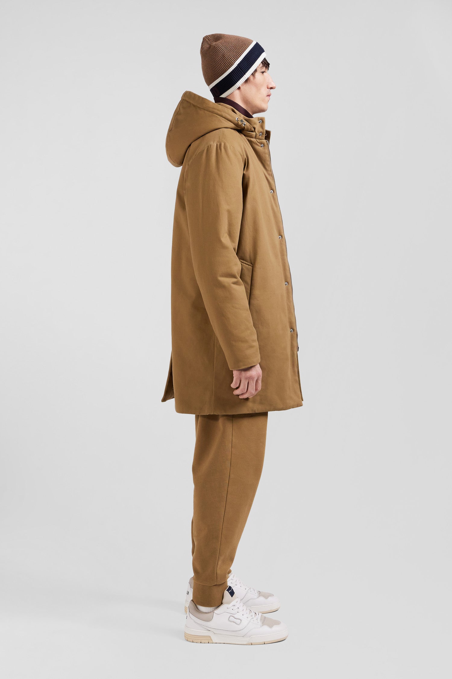 Camel gabardine cotton hooded parka