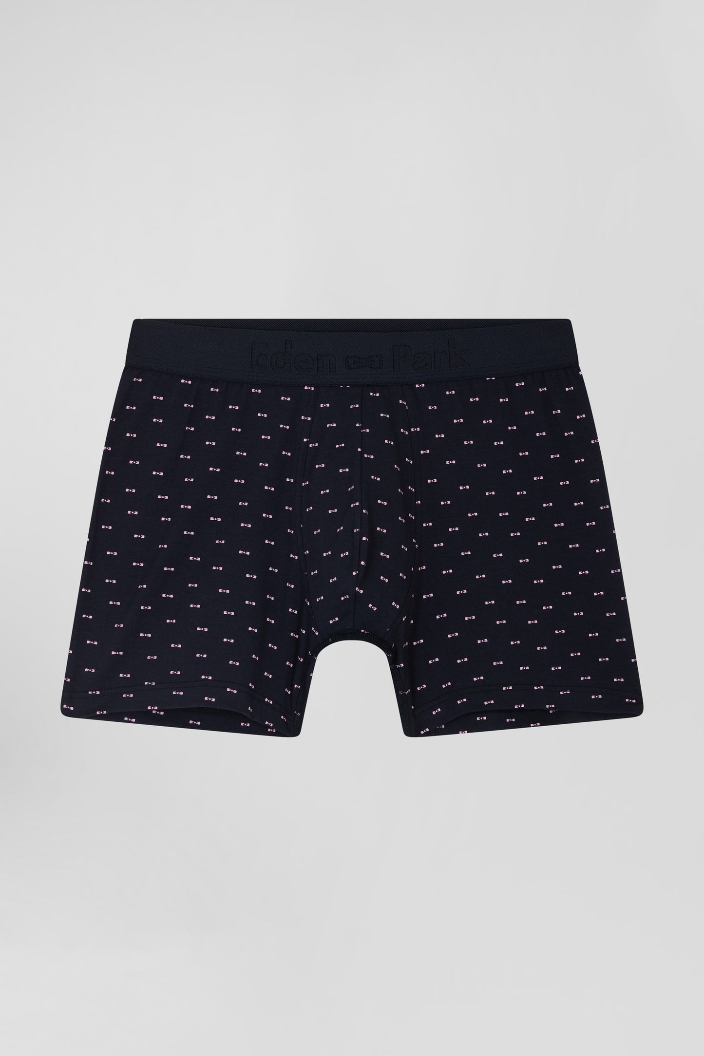 Navy blue and pink stretch cotton boxers with micro bow tie pattern