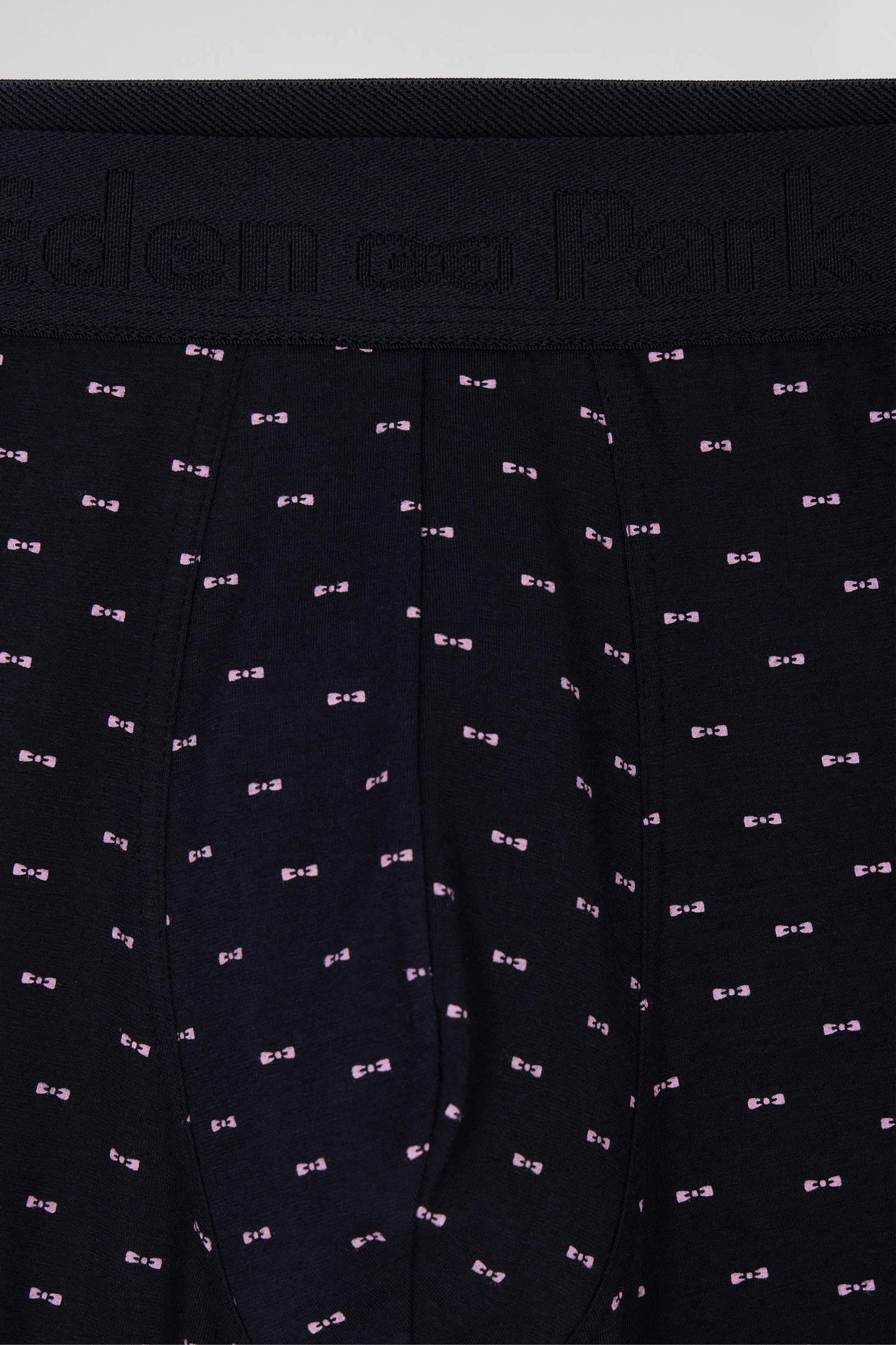 Navy blue and pink stretch cotton boxers with micro bow tie pattern