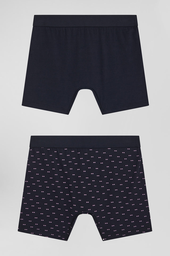 Lot de 2 boxers en coton stretch uni et micro-motifs bleu marine