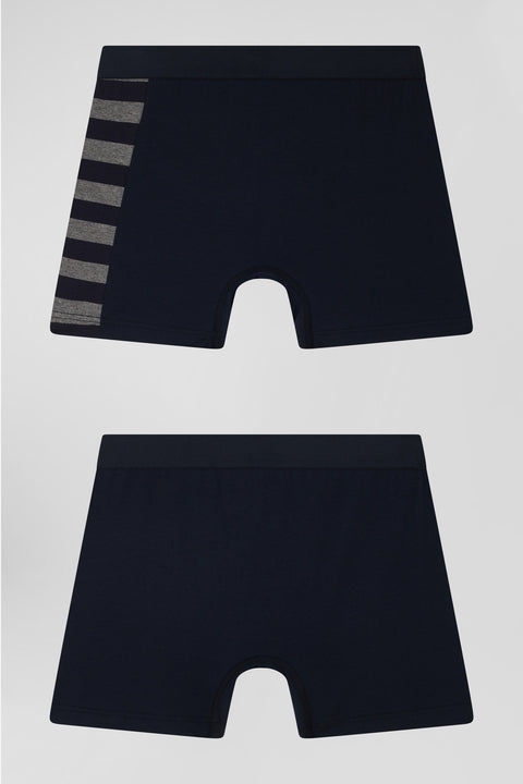 Set of 2 navy blue stretch cotton boxers with grey stripes - Image 2