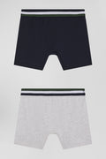 Set of 2 grey stretch cotton boxers with tricolor waistband