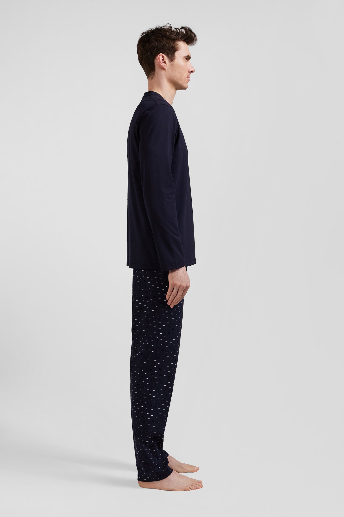 Navy blue long cotton pajamas with micro pattern trousers