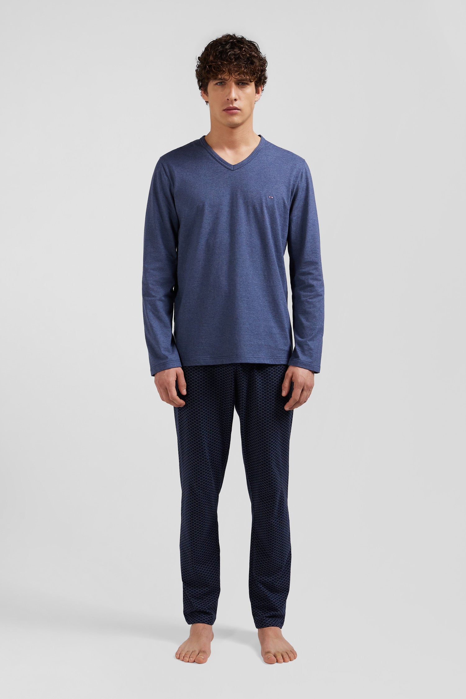 Dark blue long cotton pajamas with bow tie micro pattern trousers