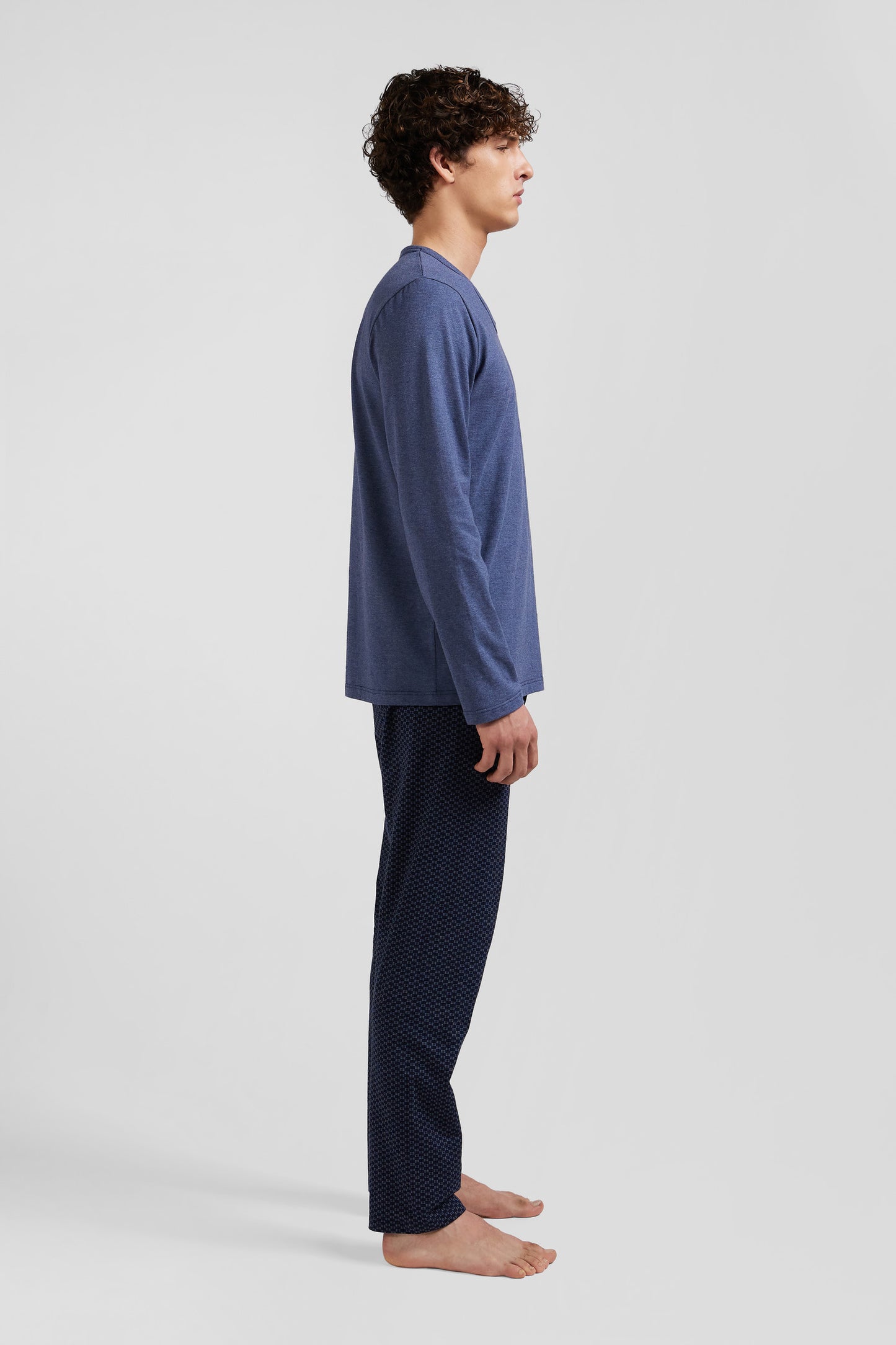 Dark blue long cotton pajamas with bow tie micro pattern trousers