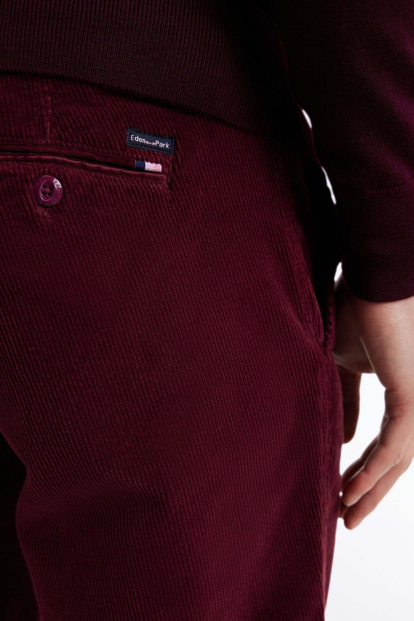 Pleatless chino pants in navy stretch velvet