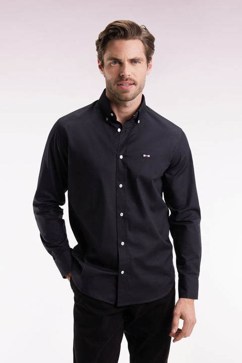 Black pinpoint cotton shirt with embroidered back, straight cut - Image 1