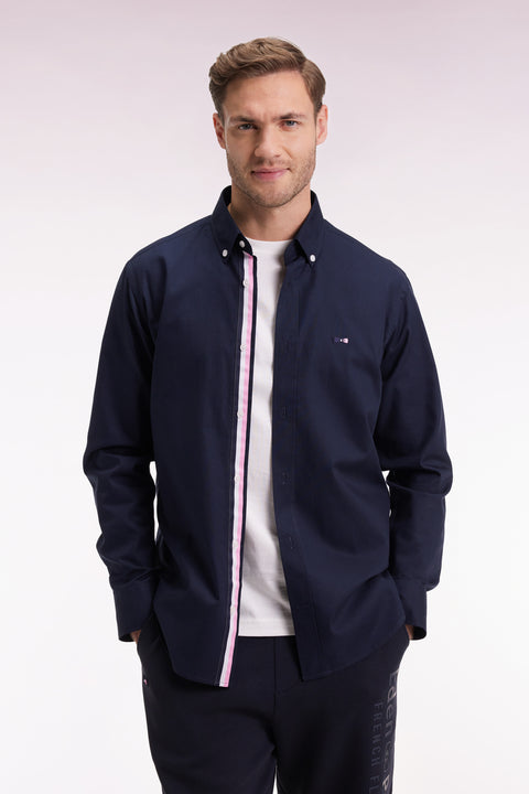 Navy pinpoint cotton shirt, embroidered back, straight cut - Image 1