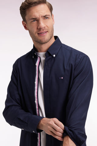 Navy pinpoint cotton shirt, embroidered back, straight cut