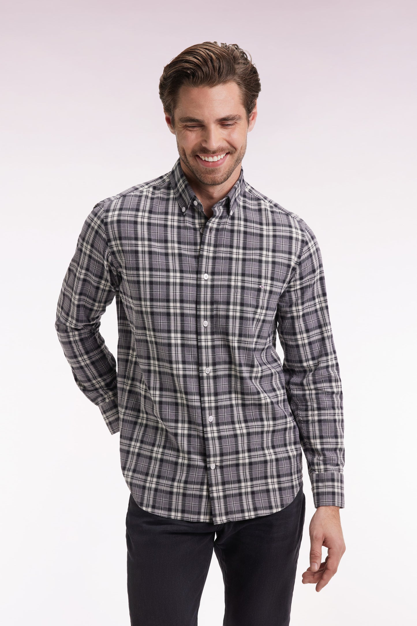 Grey cotton straight-cut check shirt