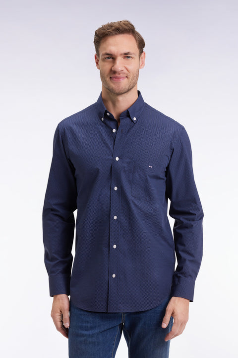 Cotton poplin shirt with blue micro-patterns, straight cut - Image 1