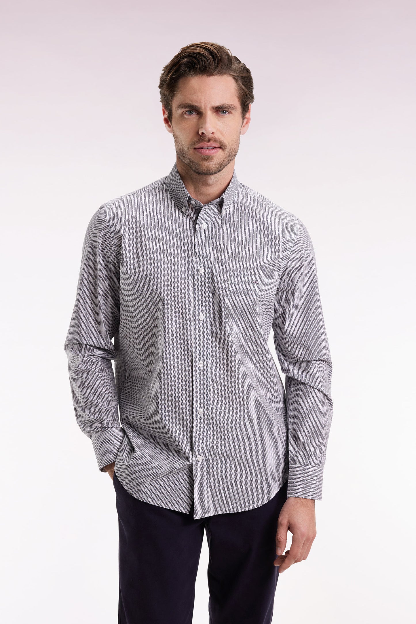 Cotton shirt with micro-patterned blue bow ties, straight cut
