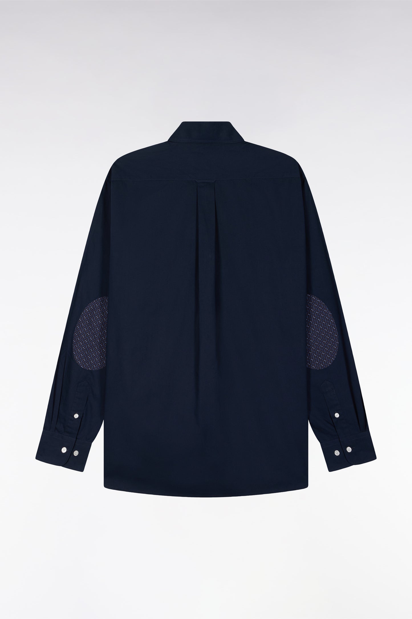 Navy cotton shirt with printed elbow patches, straight cut