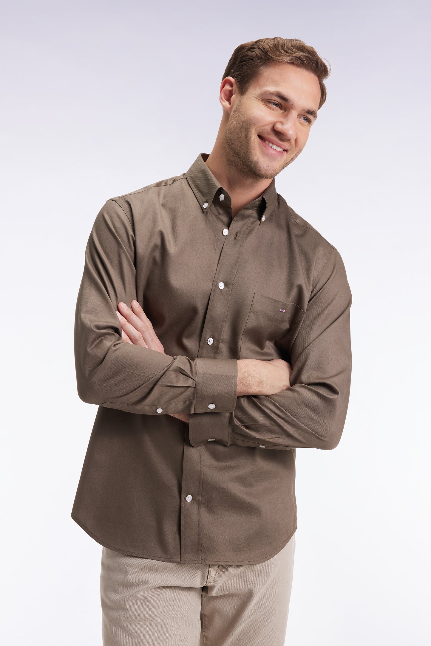 Khaki piqué cotton shirt, straight cut