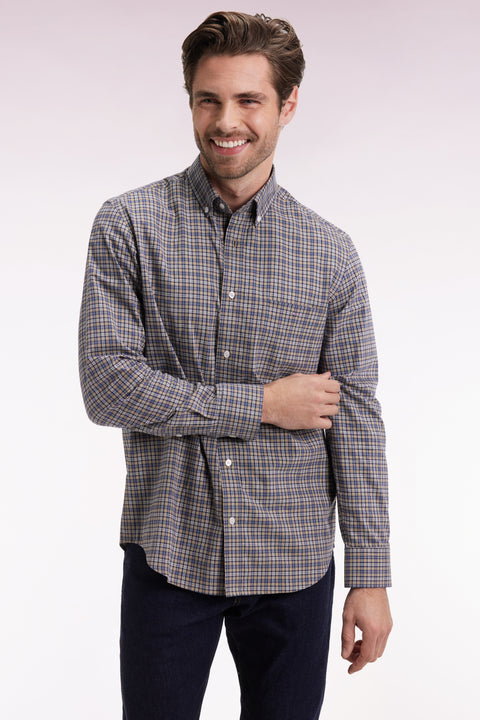 Beige cotton check shirt, straight cut - Image 1