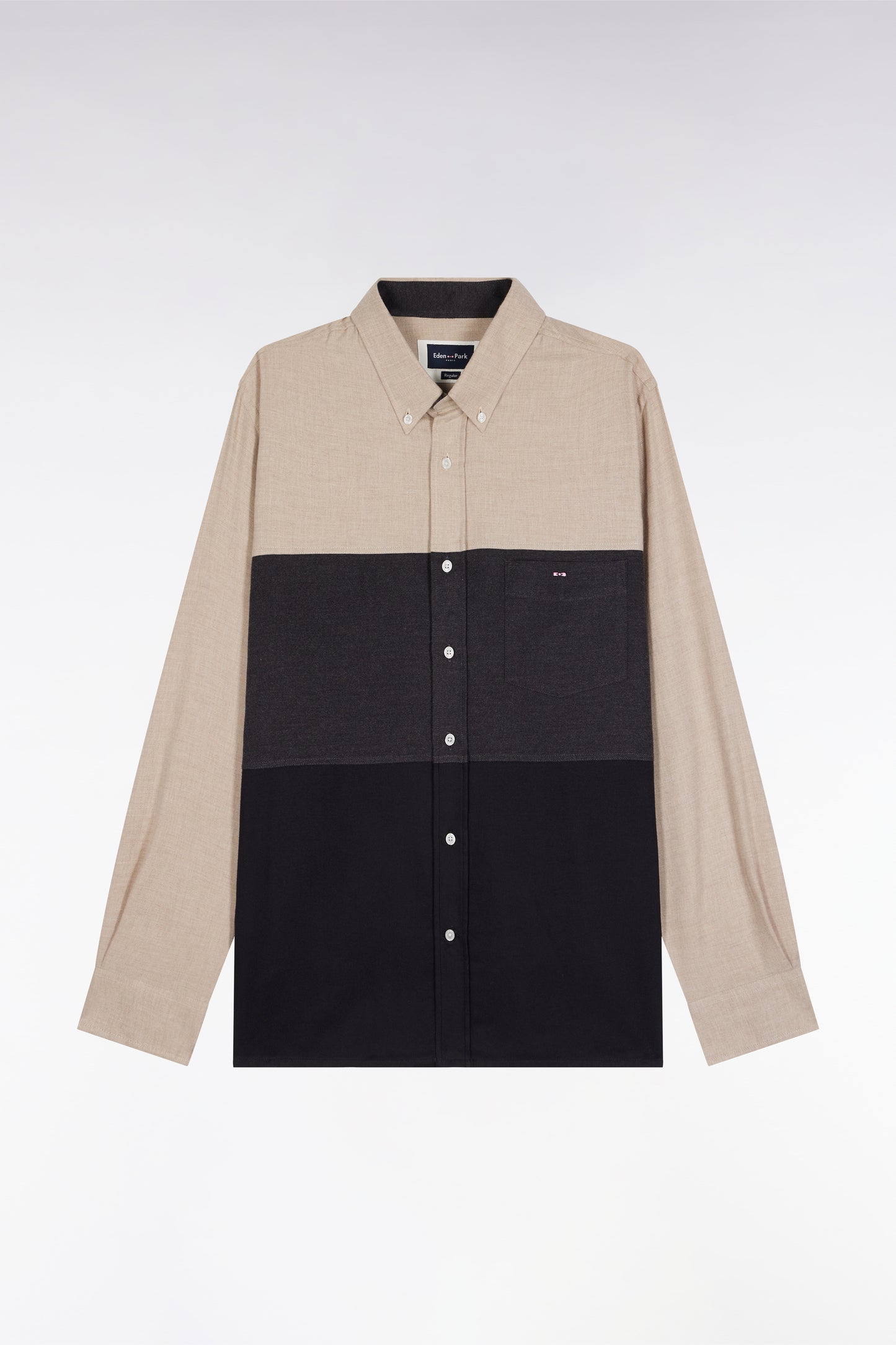 Three-tone navy and beige straight-cut flannel shirt