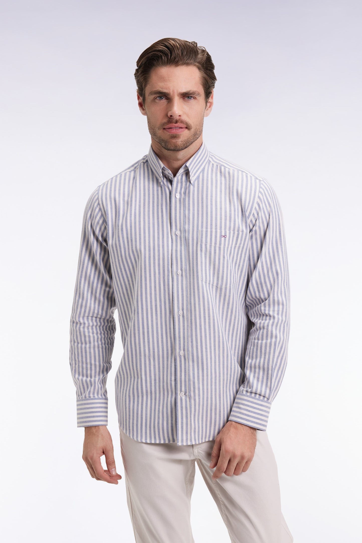 Pima cotton shirt with blue and white stripes