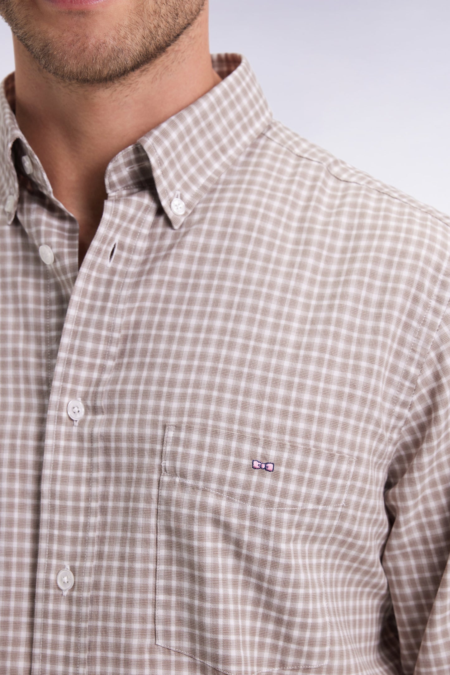 Beige check cotton shirt, straight cut