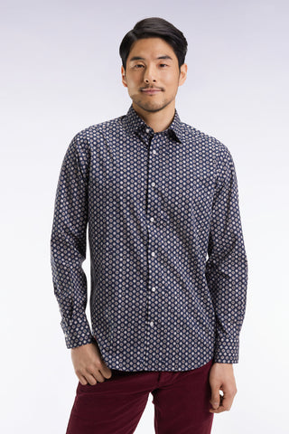 Navy cotton shirt with graphic floral print, straight cut