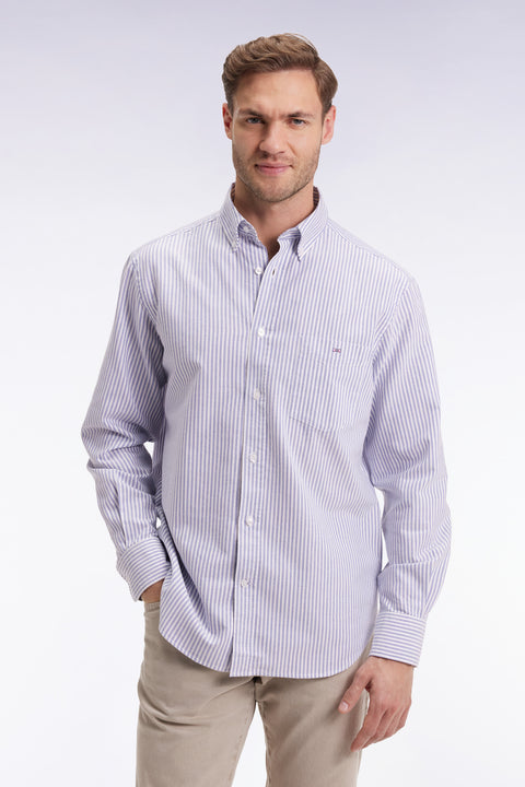 Chemise en popeline de coton rayée bleue coupe droite - Image 1