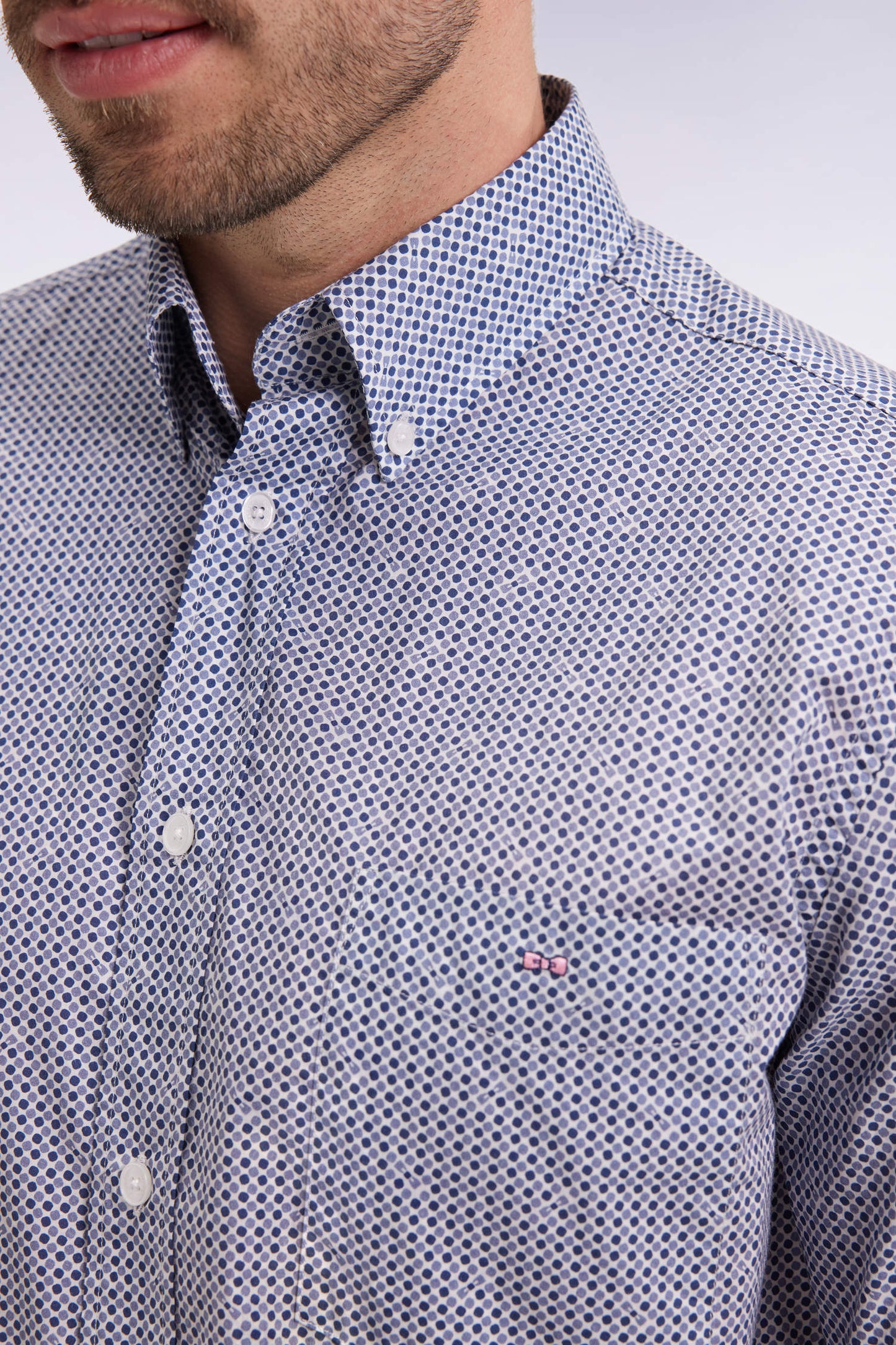 Blue cotton micropattern shirt, straight cut