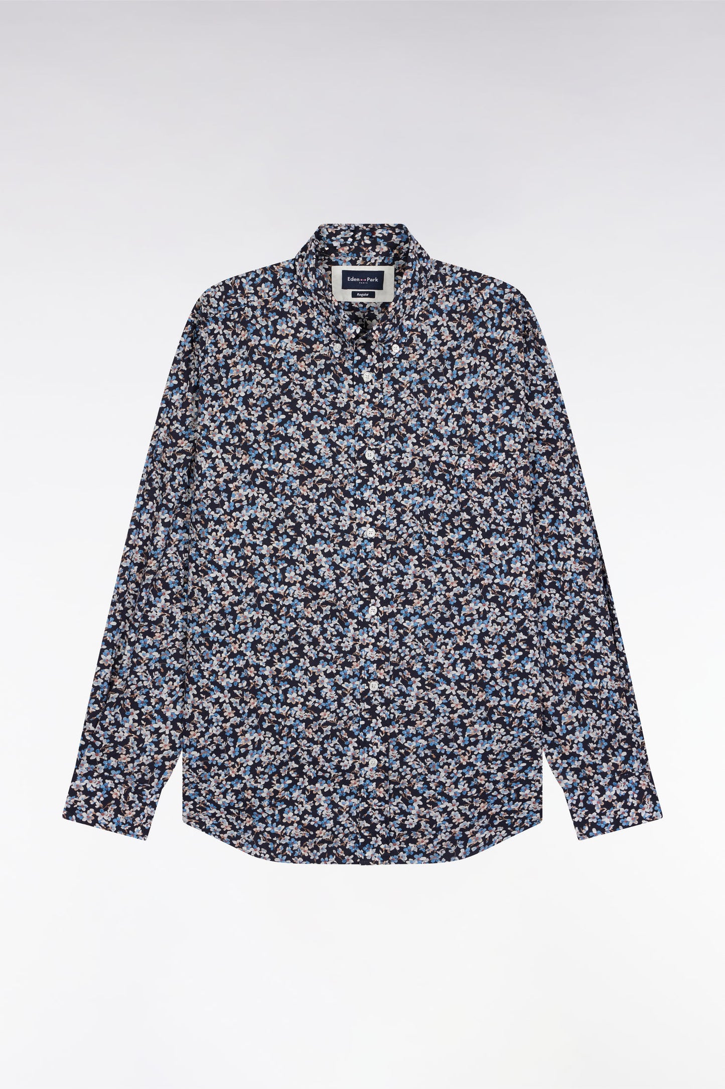 Cotton poplin shirt with blue floral micropatterns, straight cut