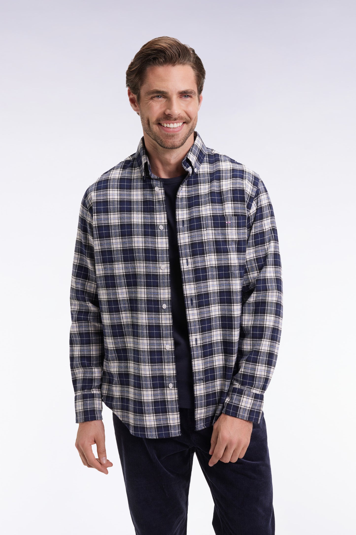 Japanese cotton navy check shirt, straight cut
