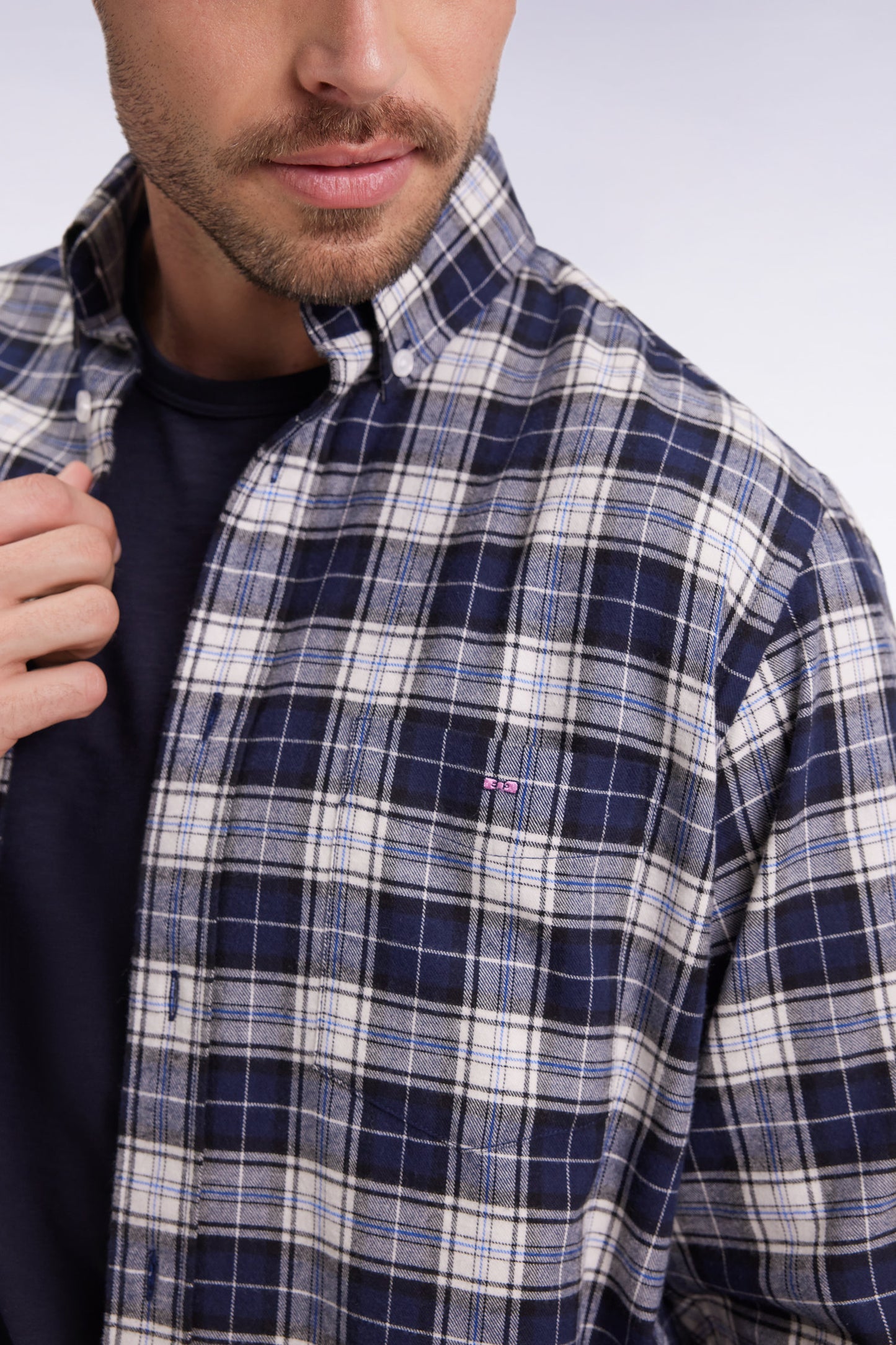 Japanese cotton navy check shirt, straight cut