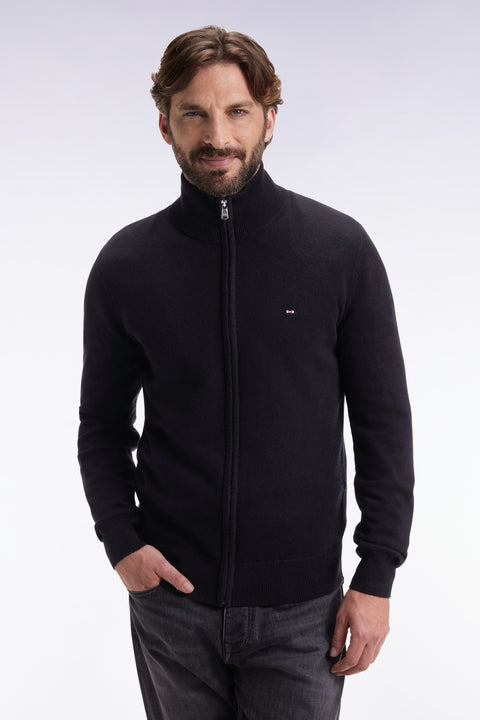 Zipped cardigan in black wool and cotton, straight cut - Image 1