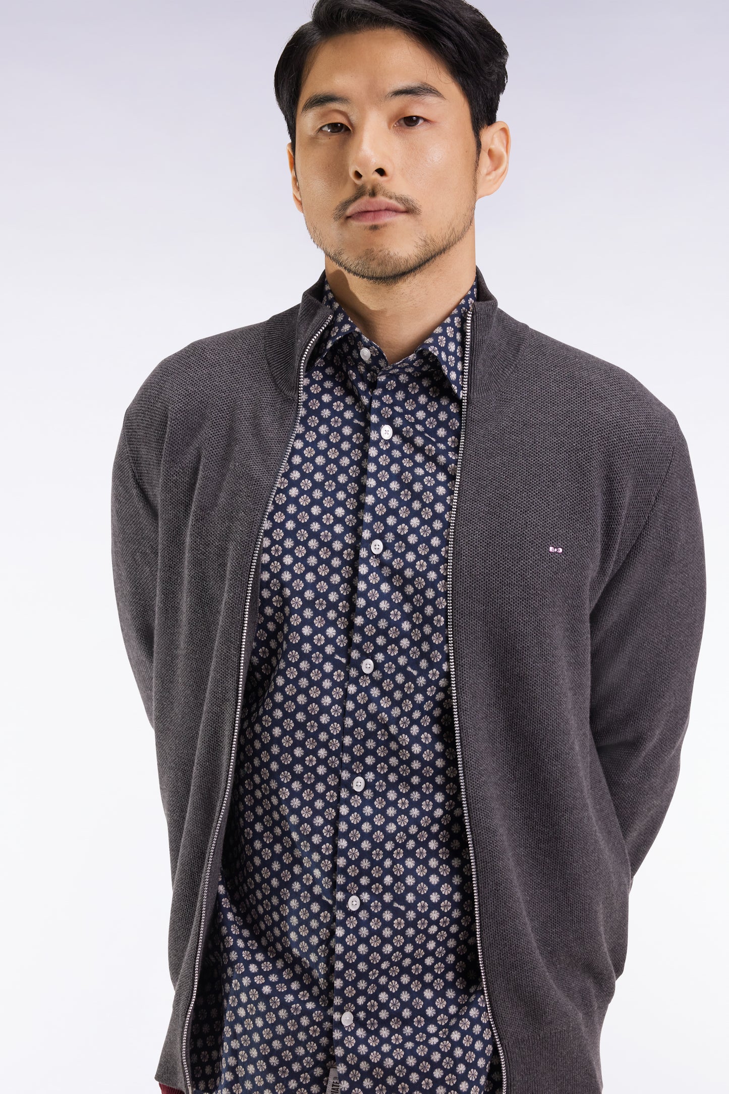 Grey honeycomb cotton cardigan, straight cut