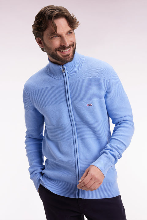 Zip-up cardigan in sky cotton honeycomb, straight cut - Image 3